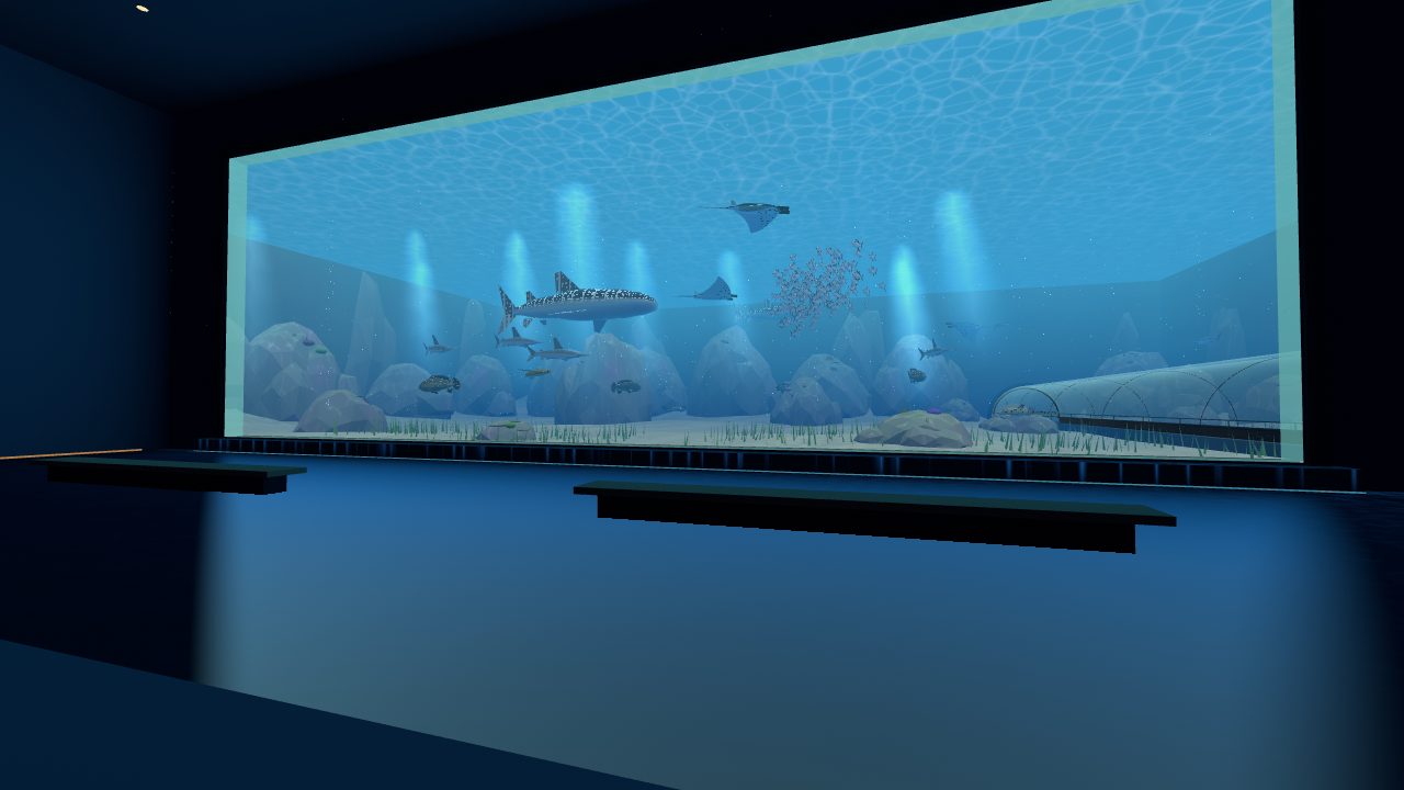 A whale shark and manta rays gliding past a giant blue aquarium window