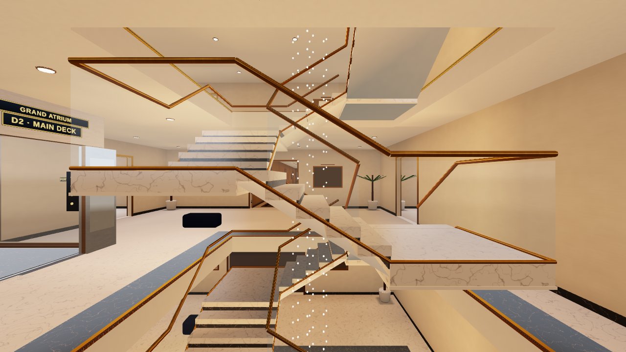 A marble staircase with brass railings in the atrium of a mega-yacht